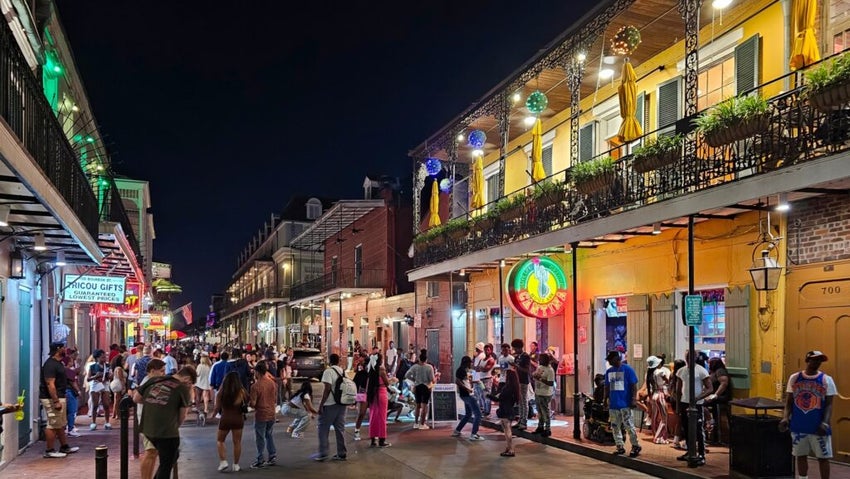 Bourbon Street in New Orleans at night.
