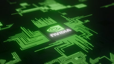 Nvidia,Chip,On,Illuminated,Circuit,Board,,Glowing,Green,Logo