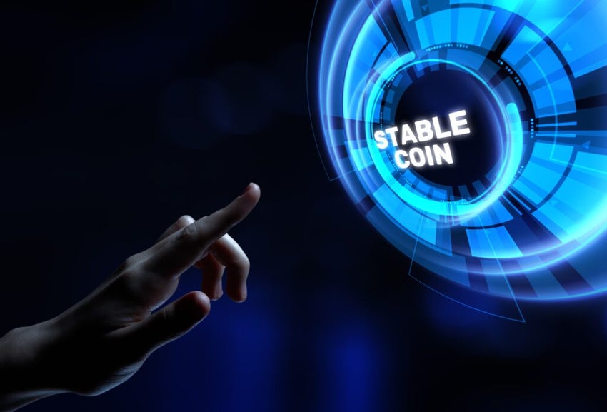 Stablecoin,Cryptocurrency,And,Digital,Finance,Concept.,Hands,Pressing,Button,Virtual