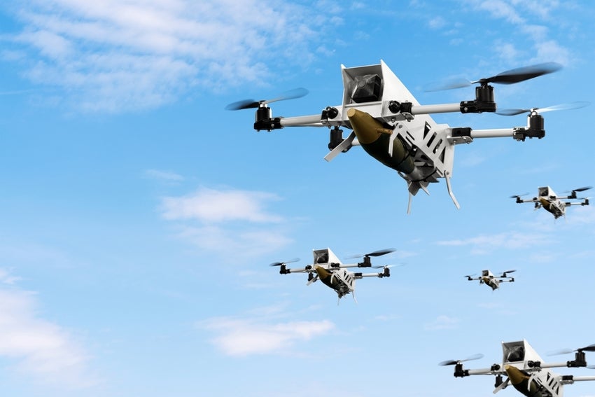 Military,Kamikaze,Drones,With,Aerial,Bombs,Fly,In,Front,Of