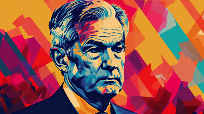 Colorful pop art portrait of Jerome Powell against a vibrant geometric background. The image features bold hues of blue red and orange.