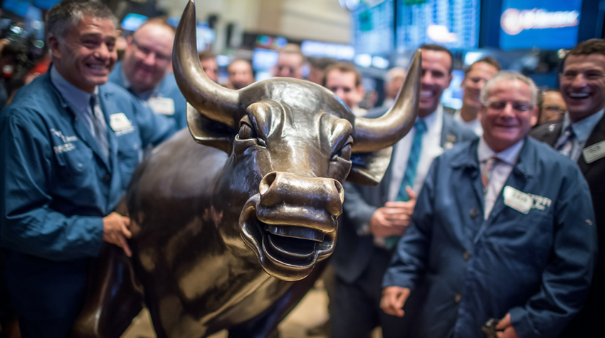 A group of smiling people in suits surround a bronze bull statue inside a stock exchange. Electronic screens with stock data are visible in the backg.