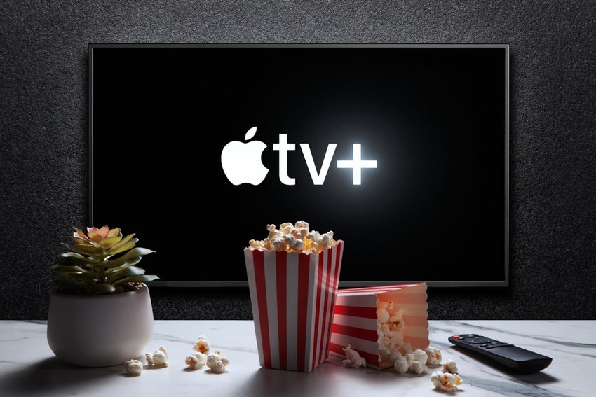 Apple TC+ logo with popcorn in the foreground