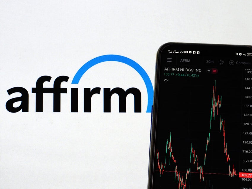 Affirm logo on left with smartphone with Affirm financial chart on right