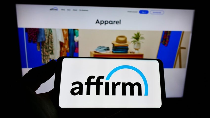 Affirm logo on smartphone apparel website background