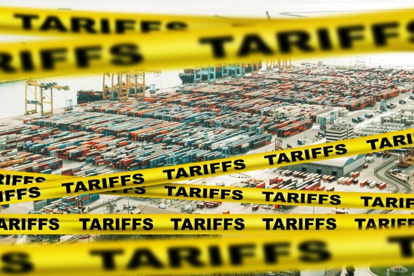 Trade shipping containers in port with yellow tape tariffs