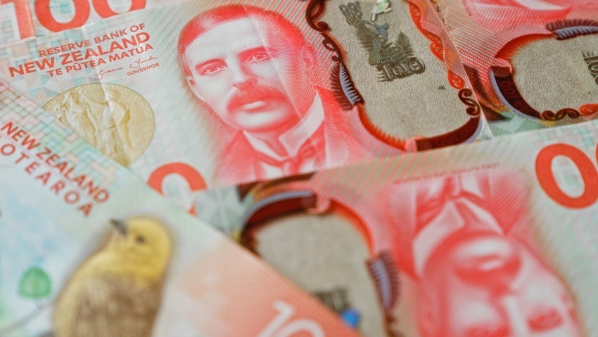 New zealand banknotes scattered on a concrete surface