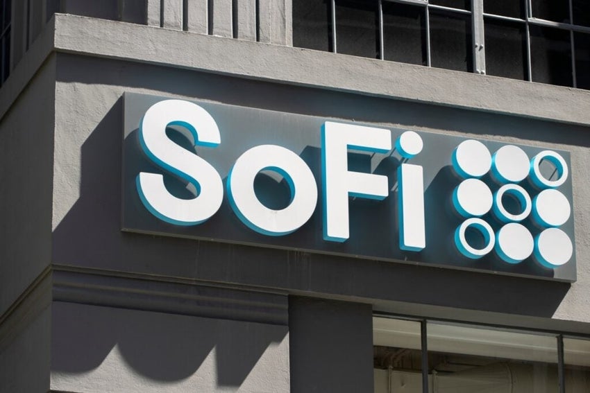 White and blue SoFi signage on building
