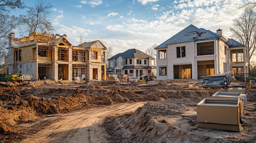 Homes under construction on a piece of land.