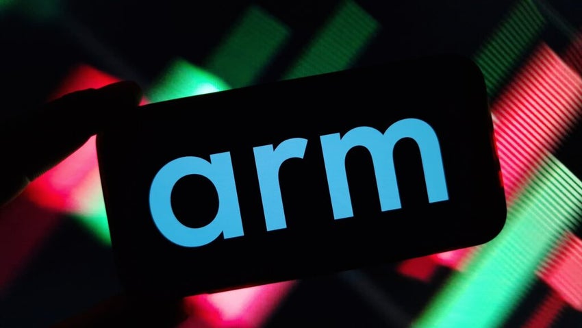 Arm Holdings logo on phone with colorful blurred background
