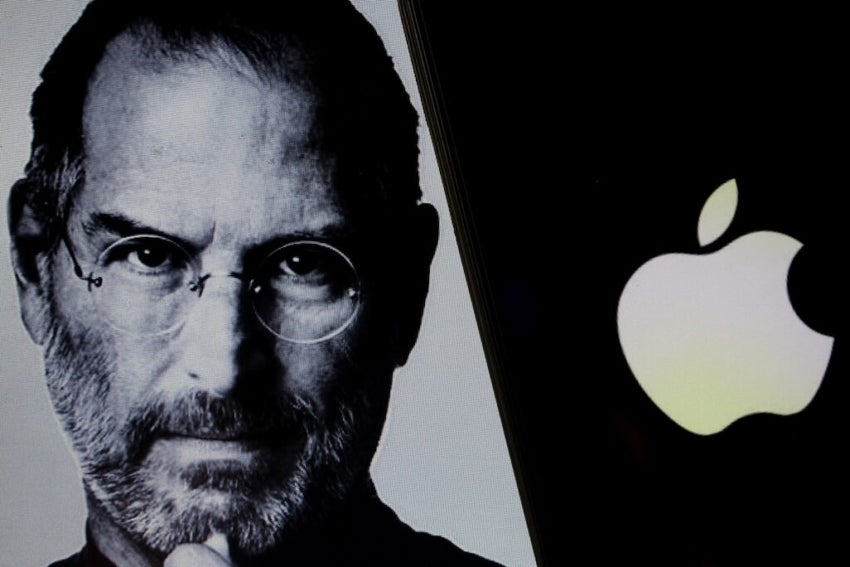 Steve Jobs face alongside a smartphone screen displaying an Apple logo