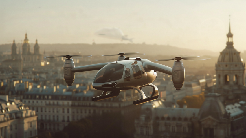 eVTOL aircraft flies over a cityscape at sunset. Historic buildings and a soft golden sky create a picturesque urban backdrop.