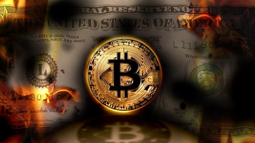 Bitcoin, United States banknote dollar burning on the background
