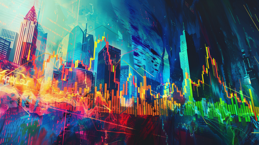 Colorful stock market chart over city skyline.