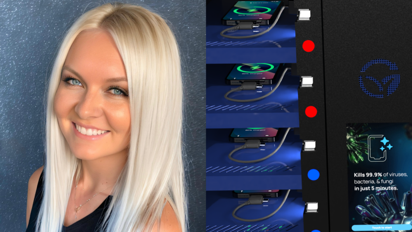 Left: Emily Smith, co-founder of Honest Waves. Right: Smart lockers for schools.