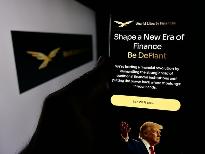 Person holding cellphone with webpage of US crypto company World Liberty Financial