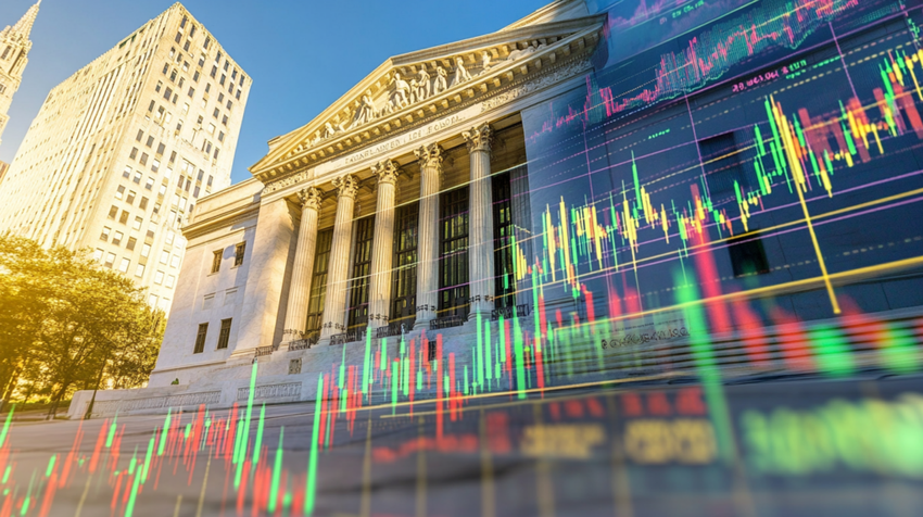 Fed building with superimposed stock market graphs.