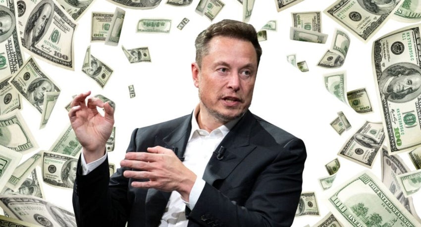Elon Musk in suit surrounded by floating dollar bills.