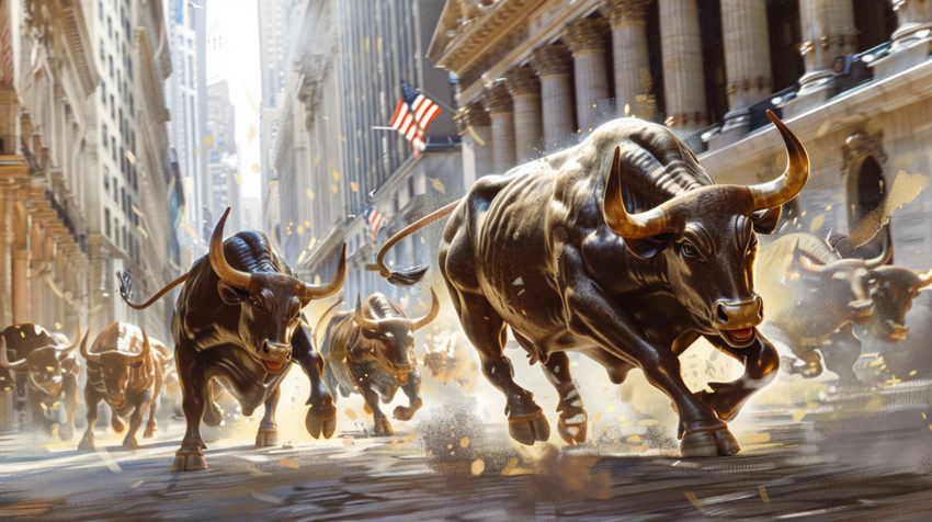 A herd of bulls charges down a financial district street with American flags and tall buildings in the background. Dust clouds rise around them.