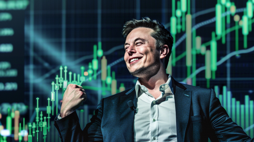 Elon Musk smiling in suit with stock market charts.