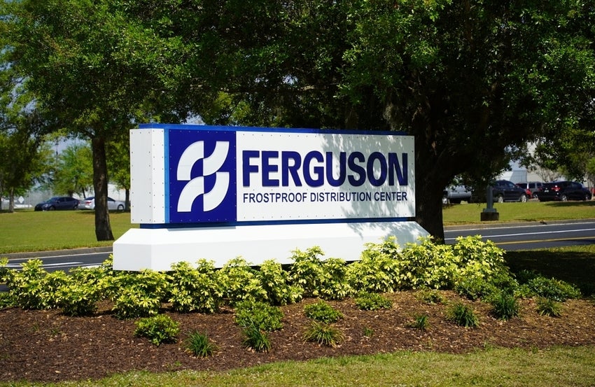 Ferguson Frostproof Distribution Center sign with landscaping
