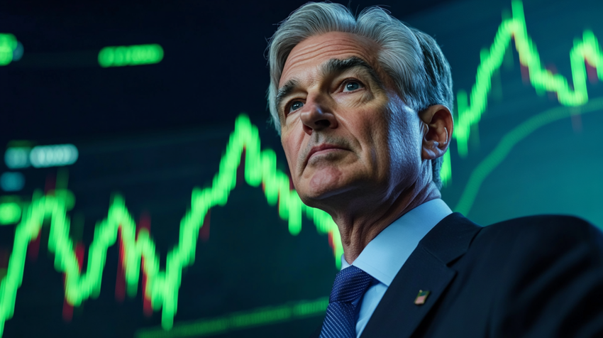 Jerome Powell standing in front of a stock market chart.