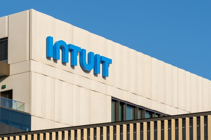 Close up of Intuit sign on the building at its headquarters in Mountain View, California, USA - June 7, 2023. Intuit Inc. is an American business software company.