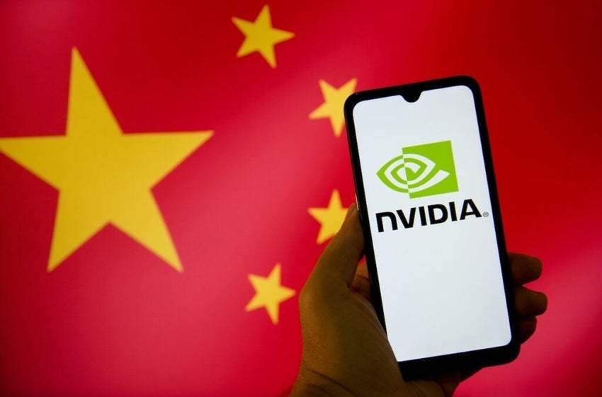 Nvidia logo on a smartphone screen with the Chinese flag in the background