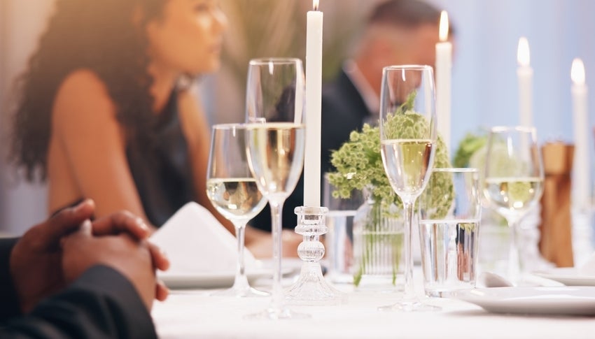 dinner table with wine and champagne glasses