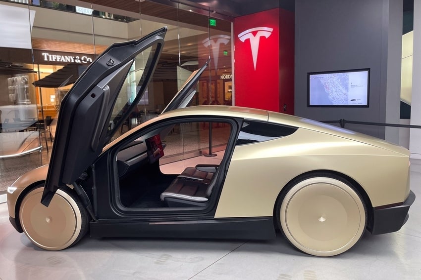 The Cybercab on display for the first time at the Westfield Century City Mall TESLA store show room.