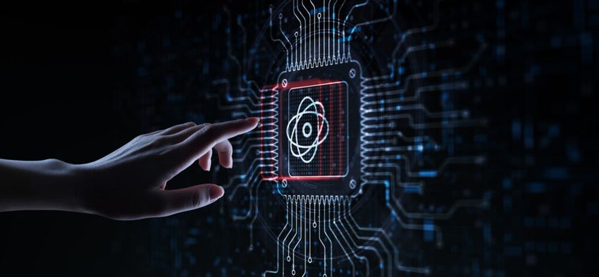 Quantum Computing Revolutionizing Information Processing Illustrated on a Processor Touched by a Human Hand.