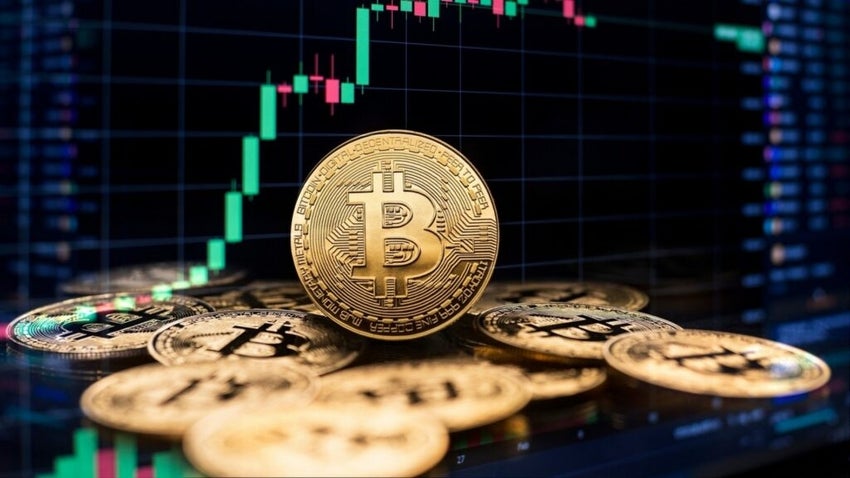 Bitcoin on bitcoin surface with chart background