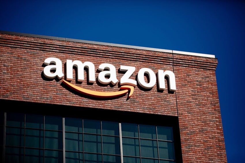 Closeup of Amazon logo on the company office building in East Palo Alto, Silicon Valley, San Francisco Bay Area.