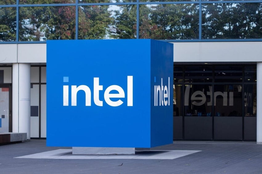 Intel logo on large blue cube outside building
