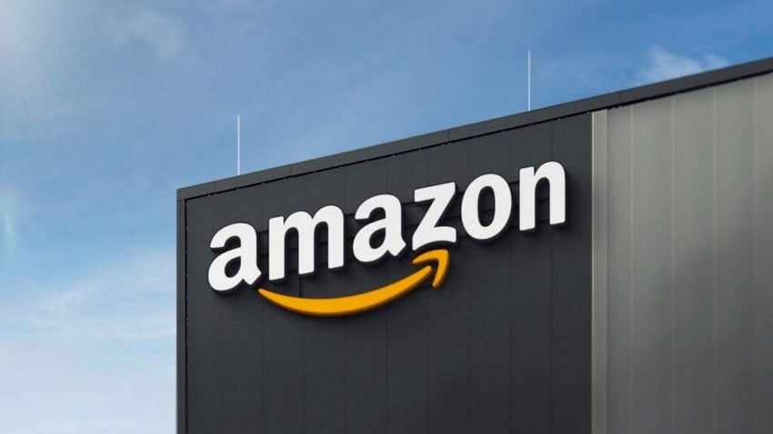 amazon logo on building with blue sky