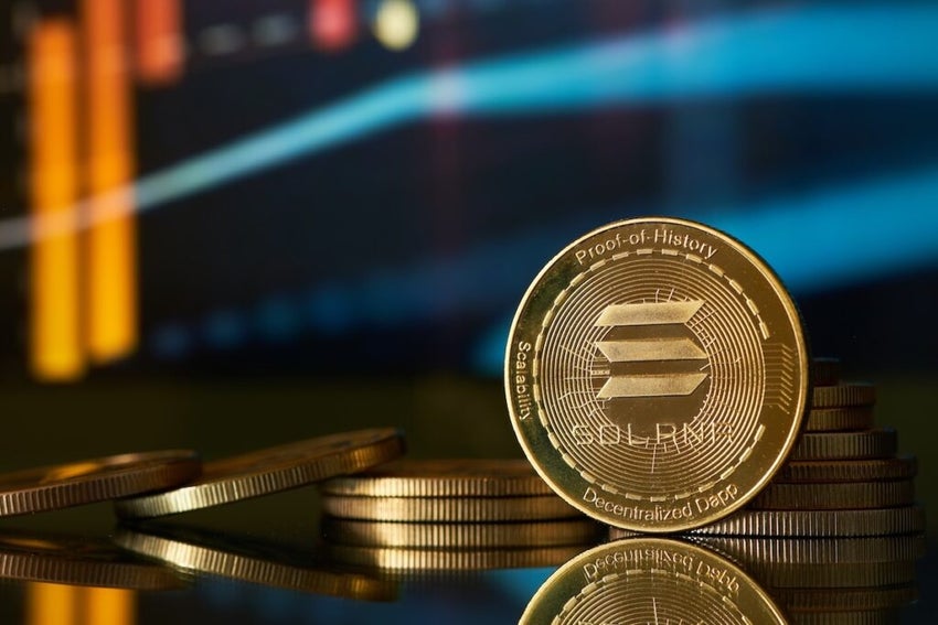 Close up of golden Solana cryptocurrency