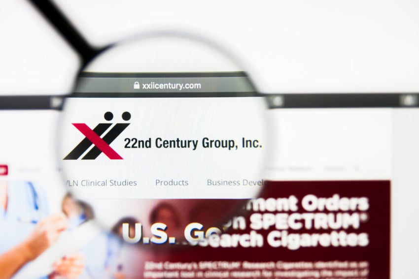 Illustrative Editorial of 22nd Century Group Inc website homepage. 22nd Century Group Inc logo visible on display screen.