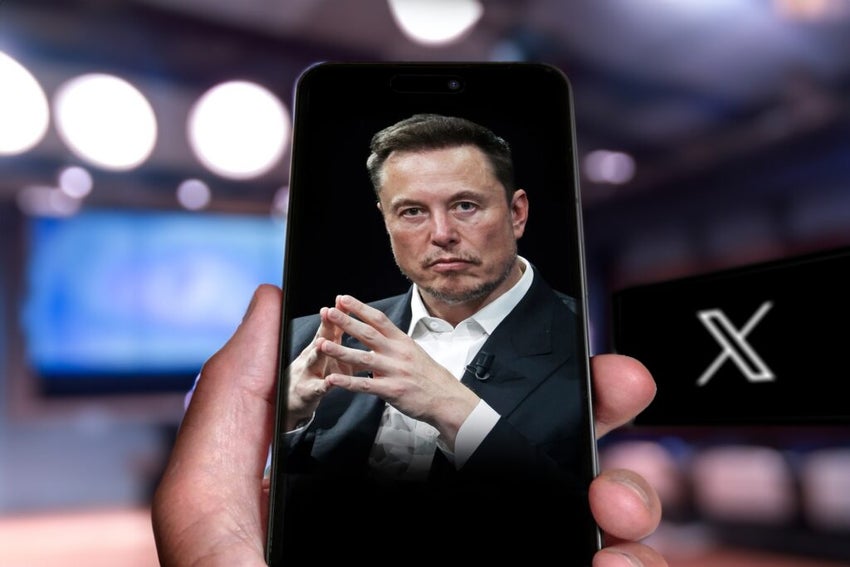 Elon Musk in a handheld phone with X logo