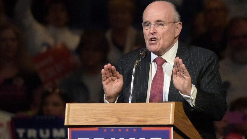 Rudy Giuliani speaks during a rally for Donald Trump on Oct. 10, 2016, at Mohegan Sun Arena in Wilkes-Barre, Pennsylvania.