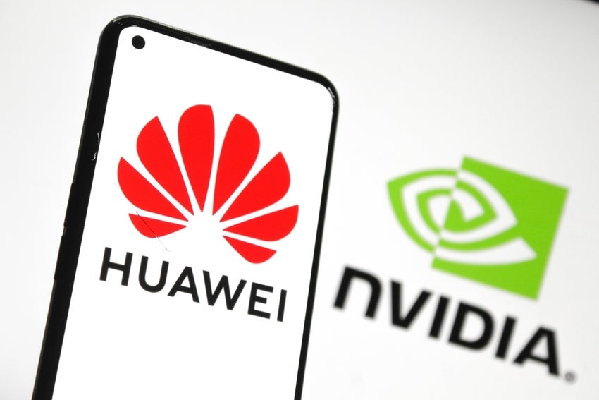 Huawei logo on mobile phone screen with Nvidia logo in the background.