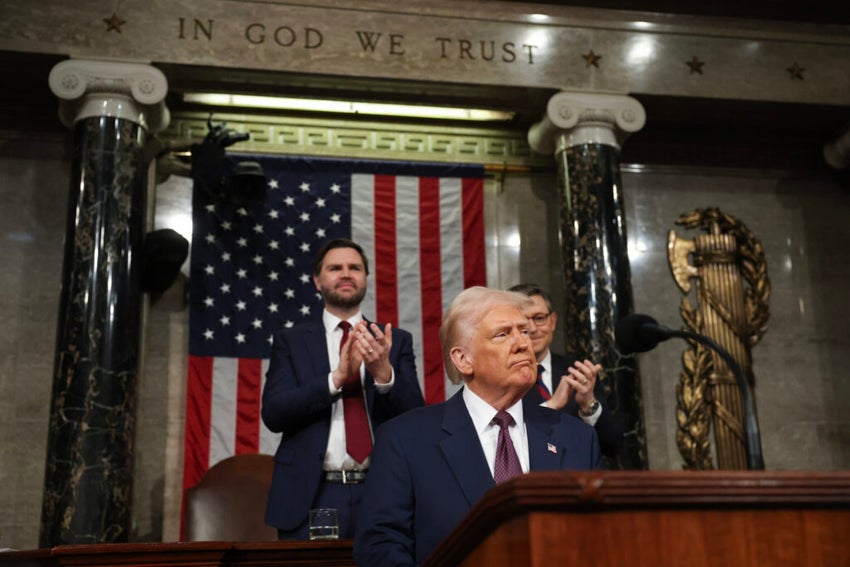 Mar 4, 2025; Washington, DC, USA; U.S. President Donald Trump addresses a joint session of Congress at the U.S. Capitol on March 04, 2025 in Washington, DC. Vice President JD Vance and Speaker of the House Mike Johnson (R-LA) applaud behind him. President Trump was expected to address Congress on his early achievements of his presidency and his upcoming legislative agenda. Mandatory Credit: Win McNamee-Pool via Imagn Images