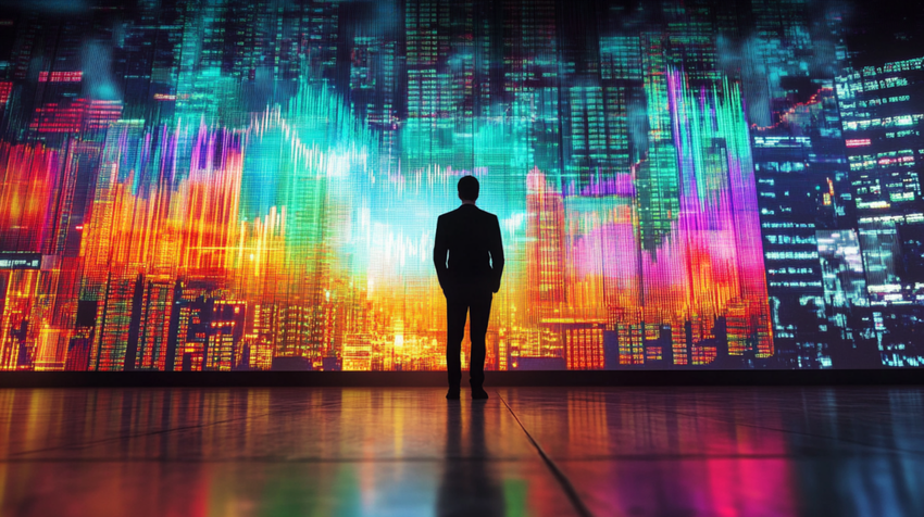 Silhouette of person facing colorful digital cityscape display.