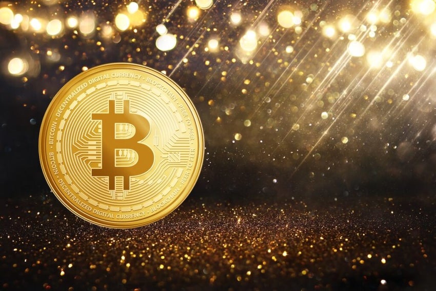 Bitcoin with golden stars showering down on it a 3d effect illustration
