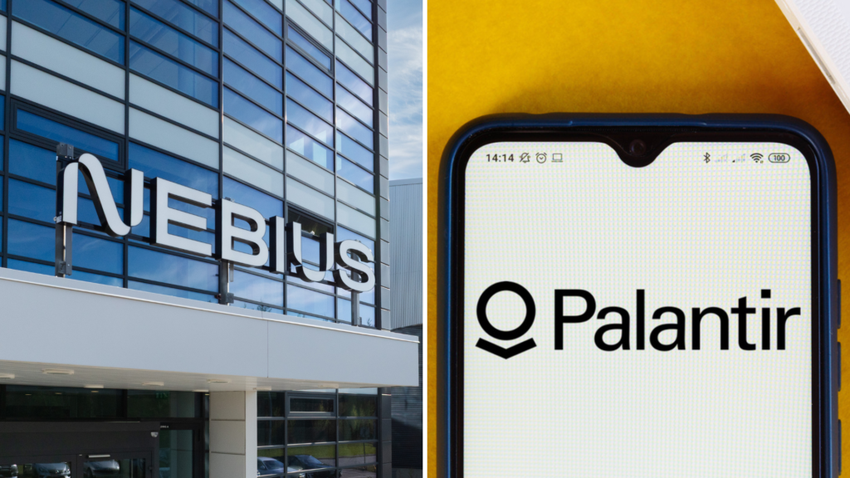 Nebius logo on a data center building (left), Palantir logo on a smartphone against a bright yellow background (right)