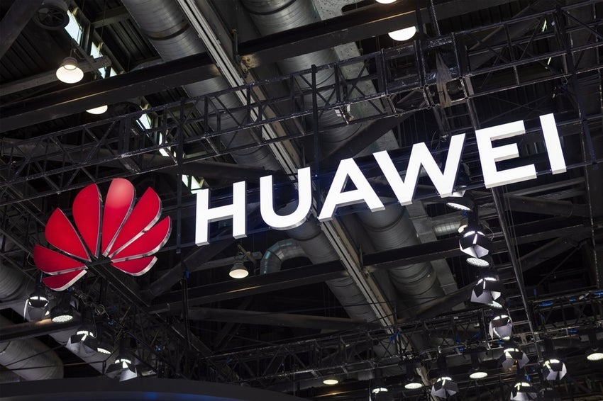 Huawei sign is seen during the PT Expo China 2023 at the China National Convention Center