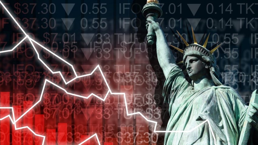 Statue of Liberty with declining stock market graph.