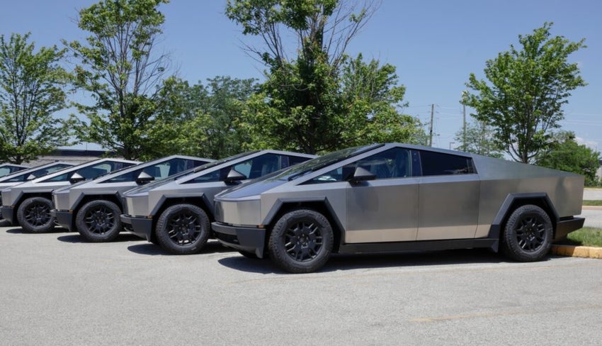 Tesla Cybertruck parked alongside other Cybertrucks