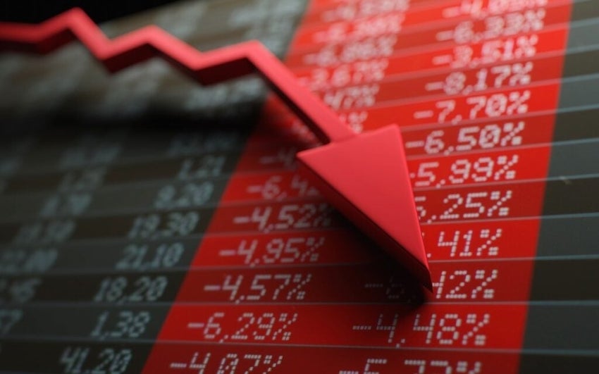Stock market crash and panic, financial losses, economic recession concept. Red arrow over negative financial figures.