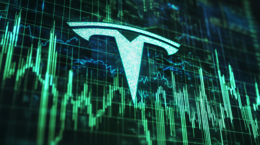 Tesla logo overlaid on financial graph background