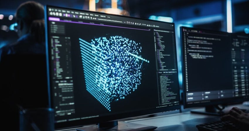 Close up on computer display of an engineer developing solutions for a quantum computer hardware